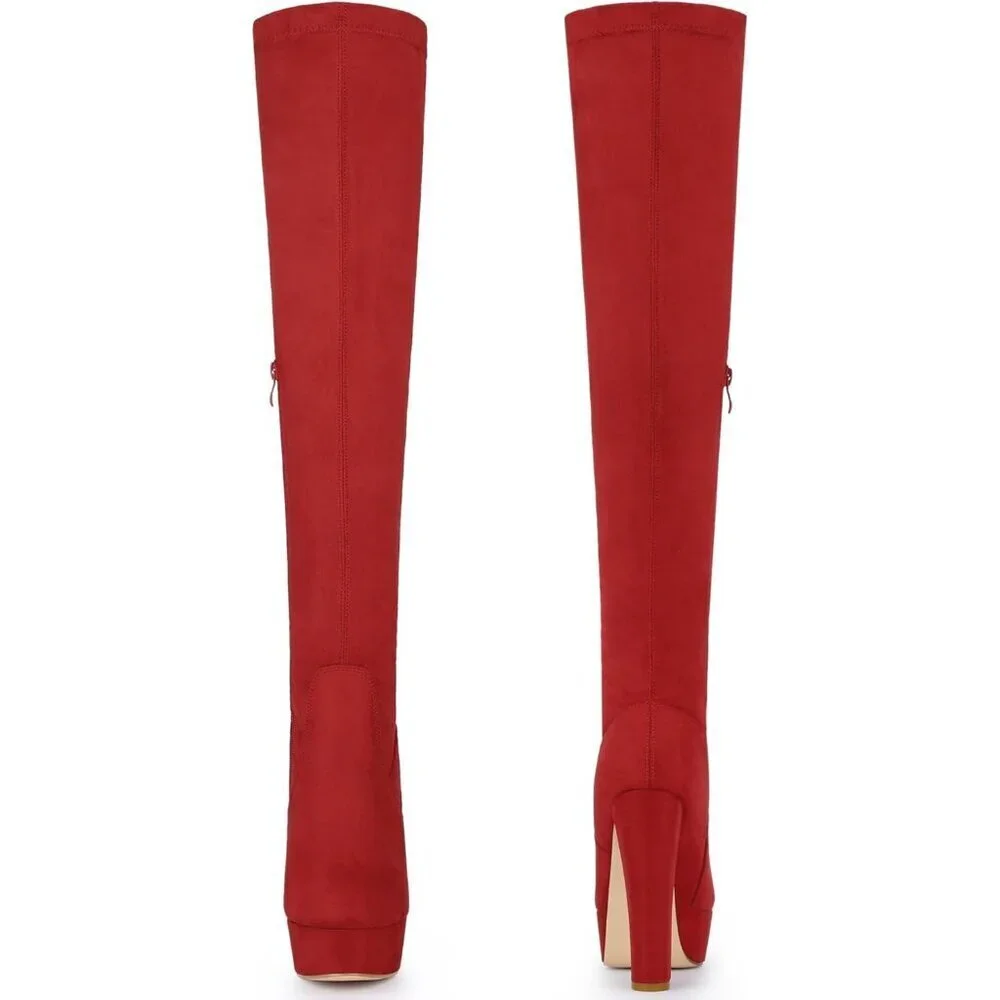 Women Red Suede Chunky Heel Rounded Toe Over the Knee Thigh High Long Boots